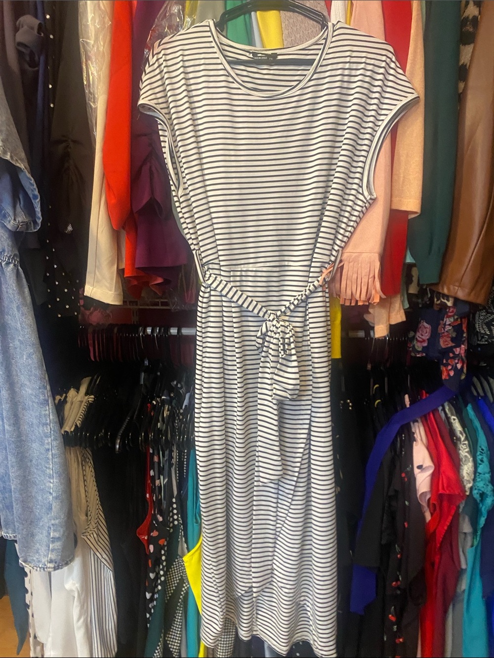 SHEIN Black & White Striped Tie-Waist Midi Dress